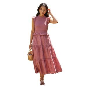 Sea New York Ingrid Midi Eyelet Ruffle Smocked Sleeveless Dress